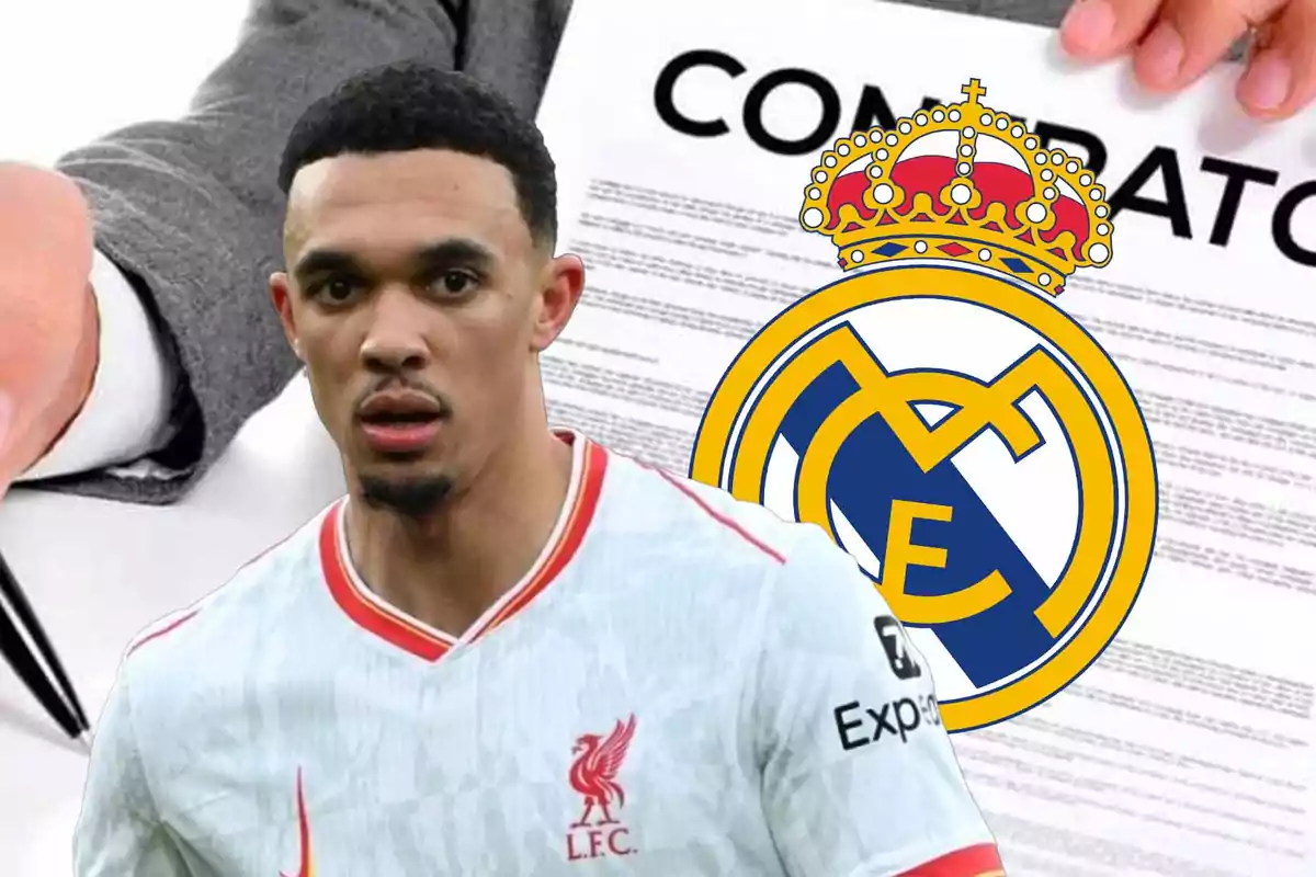 A player wearing a Liverpool jersey appears in front of a contract and the Real Madrid crest.