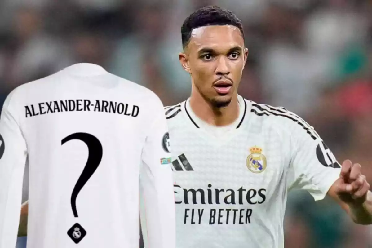 Un futbolista con la camiseta del Real Madrid y una camiseta con el nombre Alexander-Arnold y un signo de interrogación en la espalda