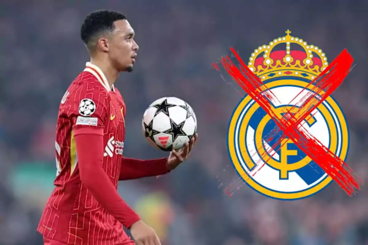 Football player in red uniform holding a Champions League ball next to a Real Madrid crest crossed out with a red X.