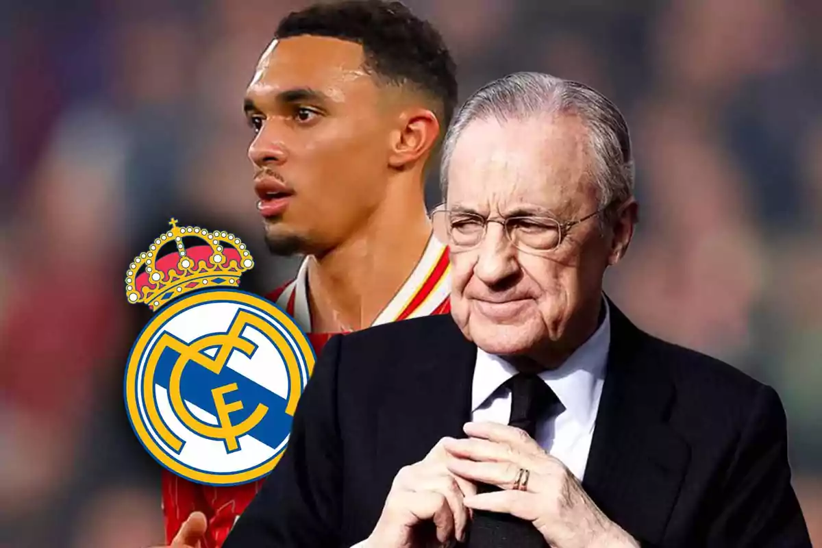 A young man in sports uniform next to an older man in a suit and the Real Madrid crest.