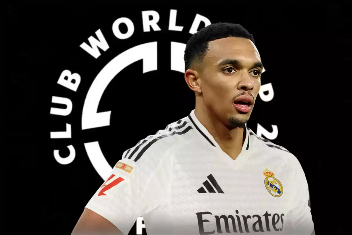 Soccer player wearing a Real Madrid uniform in front of a black background with the Club World Cup logo