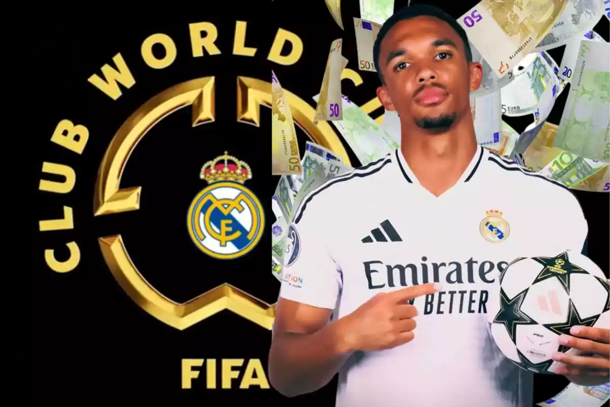 Jugador del Real Madrid con camiseta blanca sosteniendo un balón de fútbol, rodeado de billetes y al lado del logo del Mundial de Clubes de la FIFA.