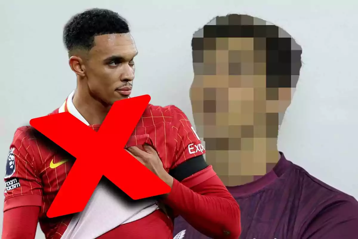 A soccer player with a big red X on his chest and a pixelated figure in the background.