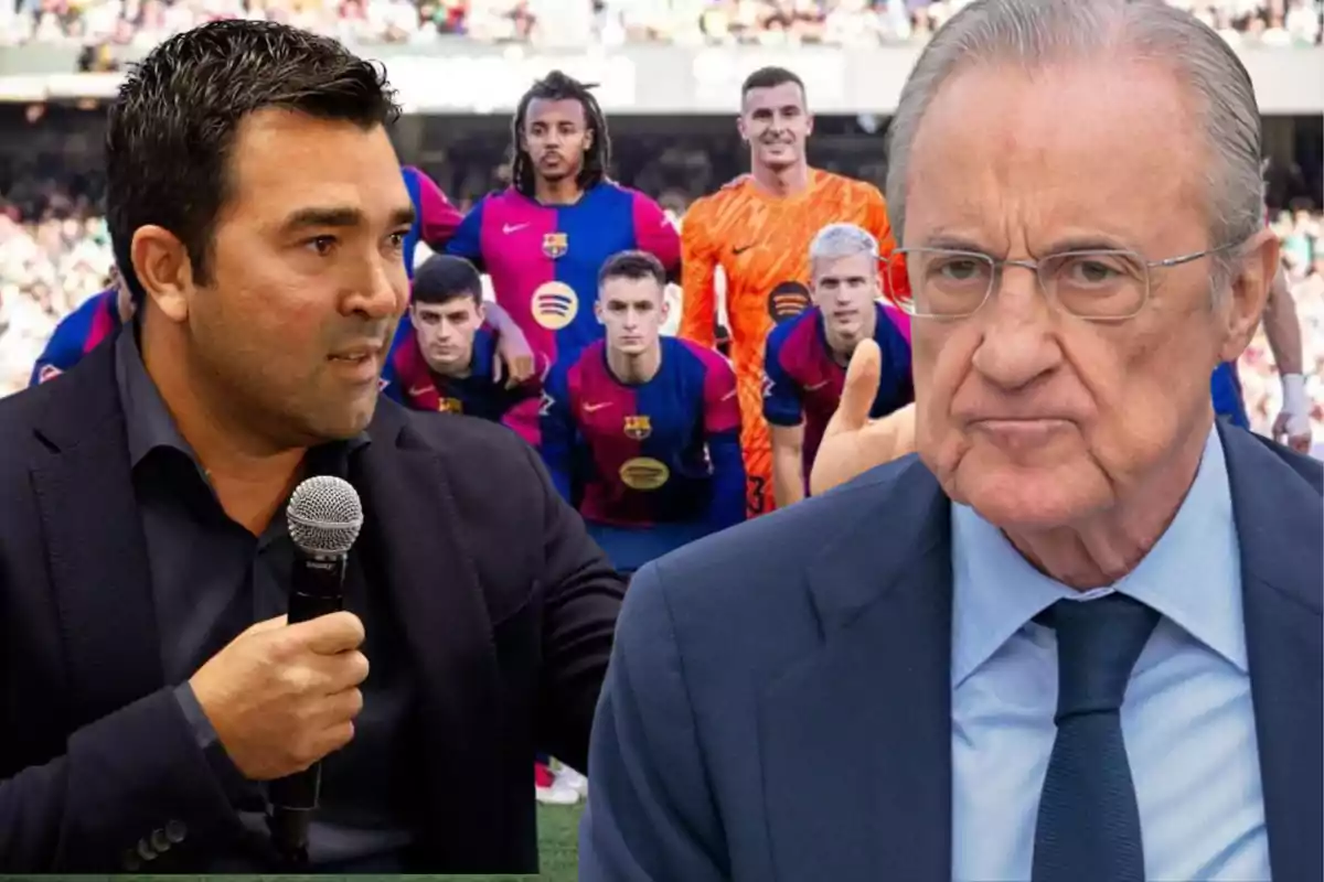 A man with a microphone and another with a serious expression stand in front of a soccer team in blue and red uniforms.