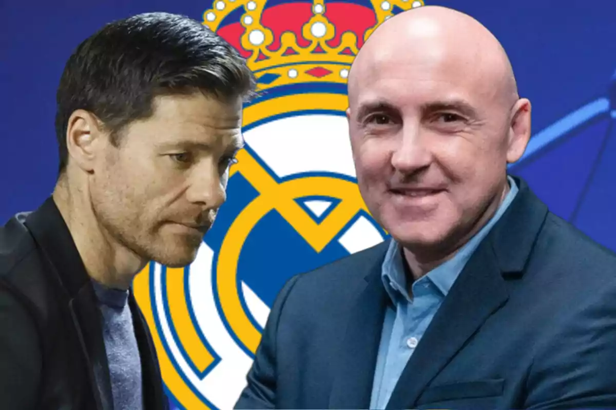 Dos hombres con fondo del escudo del Real Madrid.