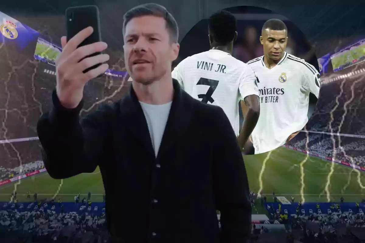 A man takes a selfie in a soccer stadium with two Real Madrid players in the background and lightning effects over the image.
