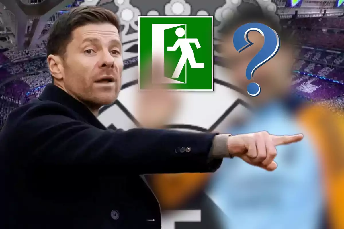 Coach pointing to the right with a stadium background, an emergency exit sign, and a question mark over a blurred figure