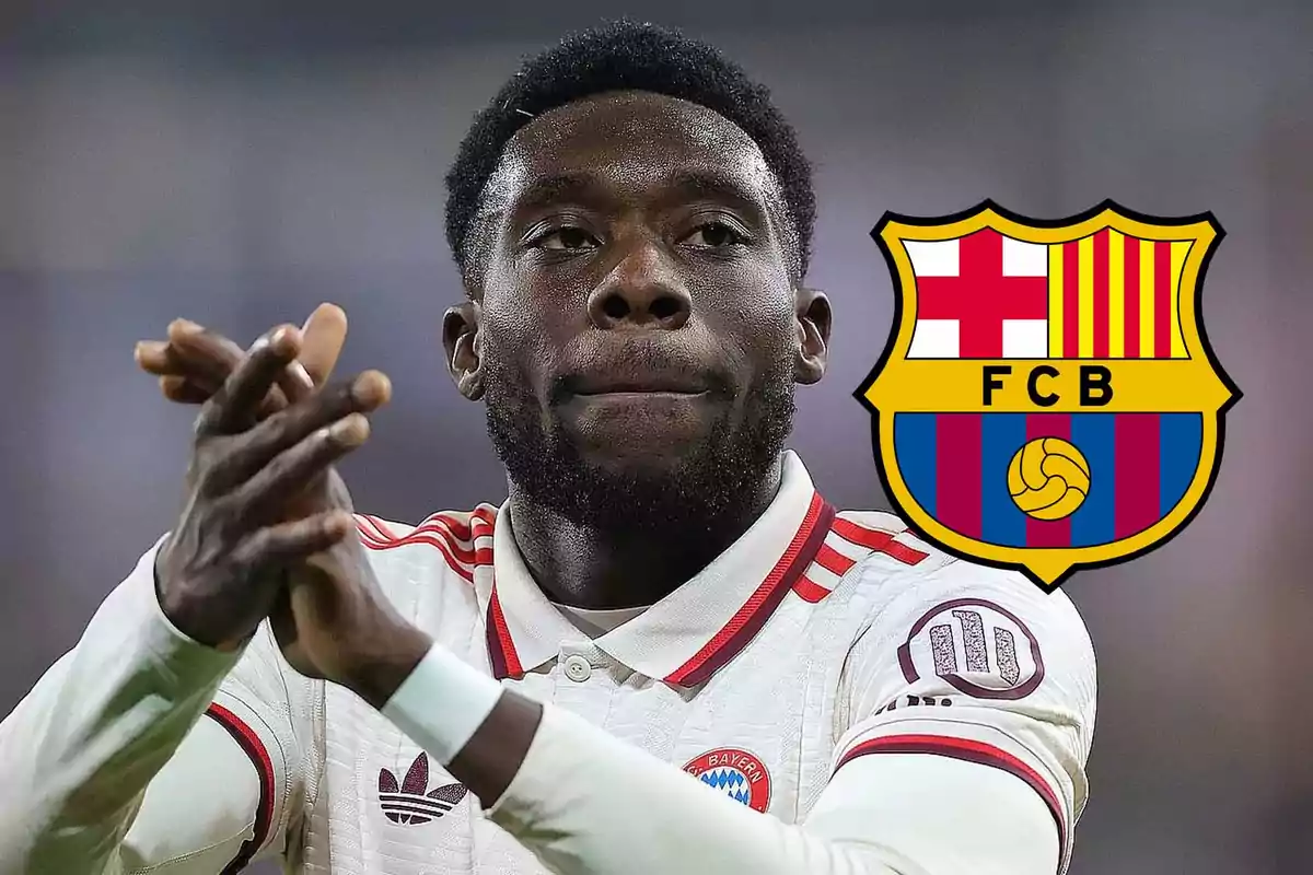 A soccer player in a white uniform applauding, next to the FC Barcelona crest.