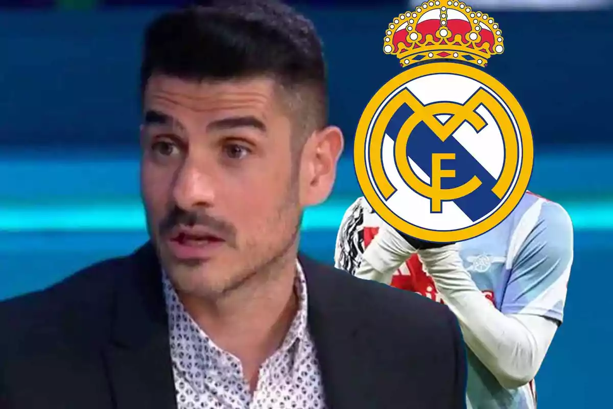 A man with a serious expression and a Real Madrid logo superimposed over another person's face in the background.