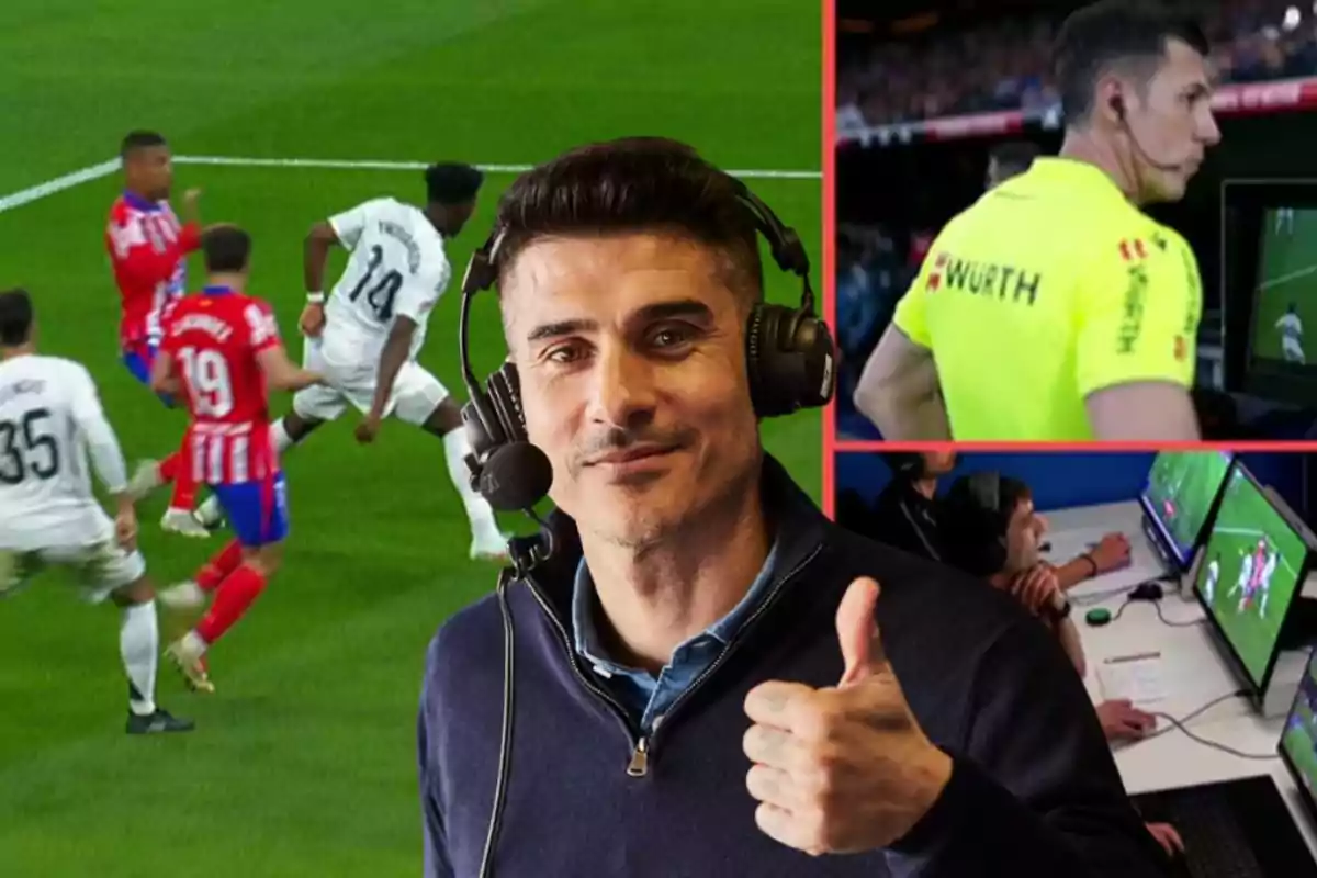 A sports commentator with headphones and a microphone gives a thumbs-up while in the background a soccer match scene and a referee reviewing the VAR can be seen.