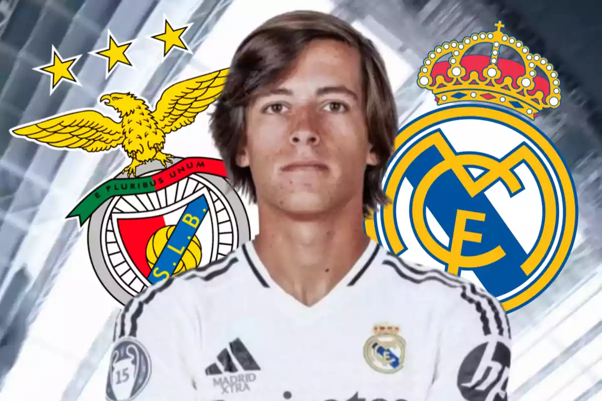 A young player wearing a Real Madrid jersey appears in the center of the image with the Benfica and Real Madrid crests in the background.