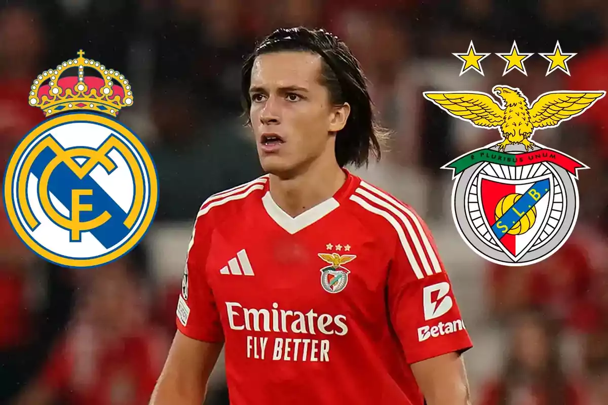 Benfica player with the Real Madrid crest on the left and the Benfica crest on the right