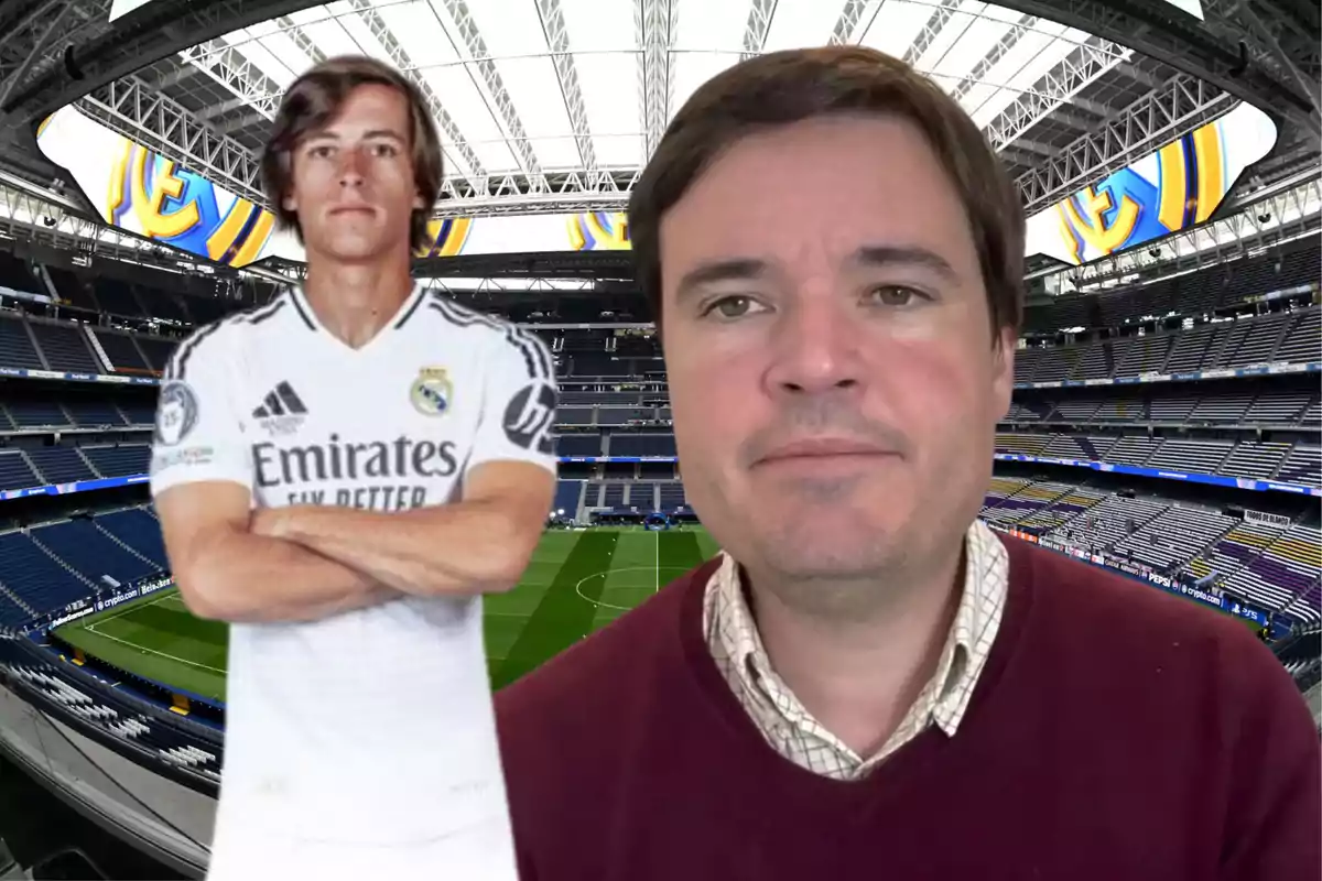A man in a burgundy sweater and a cardboard cutout of a player wearing a Real Madrid jersey in a stadium.