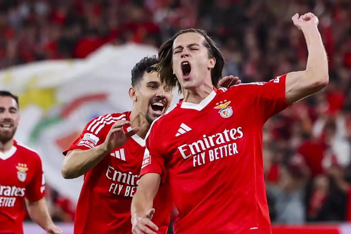 Benfica players celebrating a goal in a football match. Benfica players celebrating a goal in a football match.