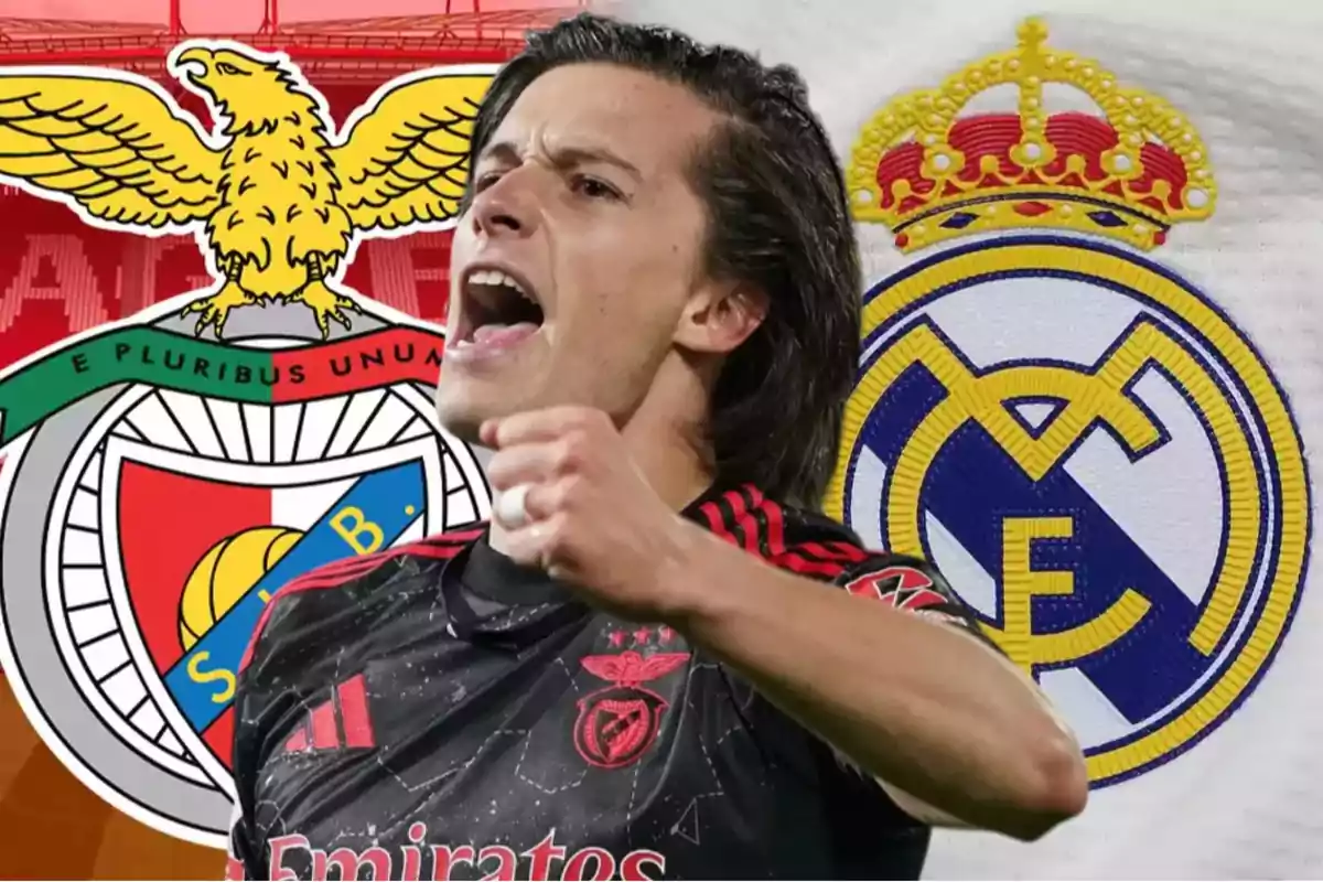 Benfica player celebrating with the Benfica and Real Madrid crests in the background