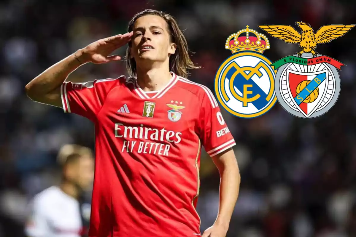 Benfica player celebrating with a military salute while the Real Madrid and Benfica crests appear in the background