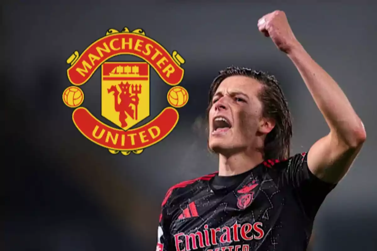 A player celebrating with a raised fist next to the Manchester United crest.
