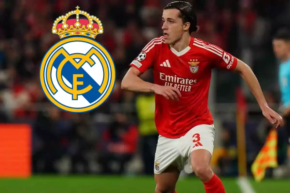 Benfica player in action with the Real Madrid crest in the background