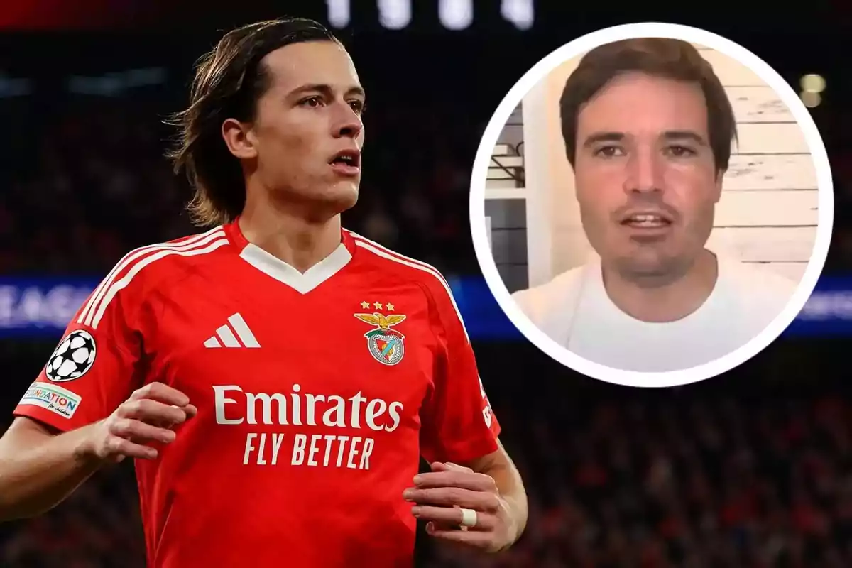 Futbolista con uniforme rojo del Benfica en el campo y un hombre en un recuadro circular al fondo