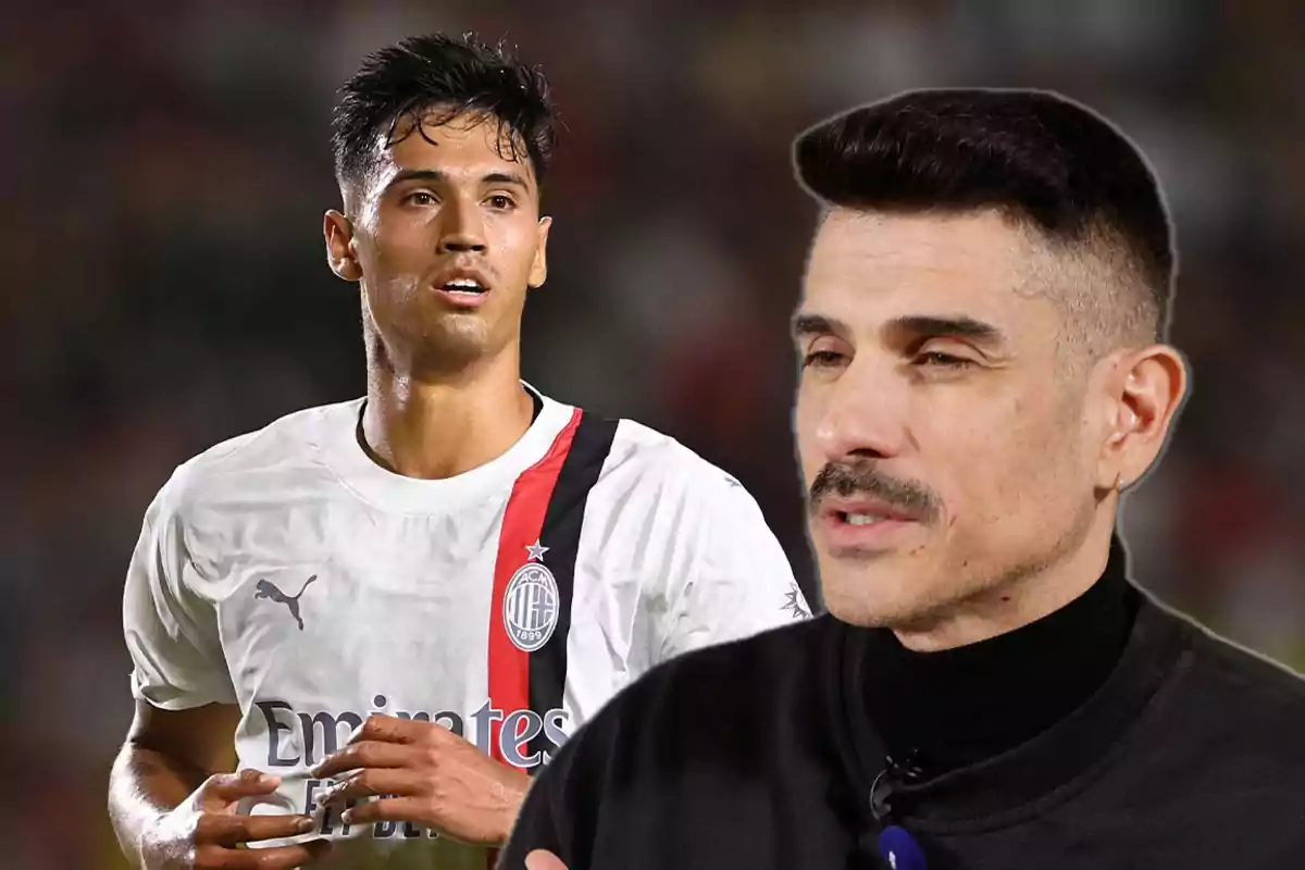 A football player in AC Milan uniform and a man with a moustache in the foreground.