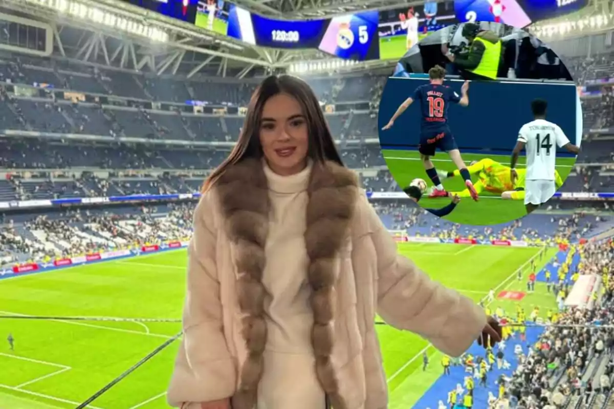 A woman in a fur coat posing in a soccer stadium with a match in progress and a superimposed image of a play on the field.