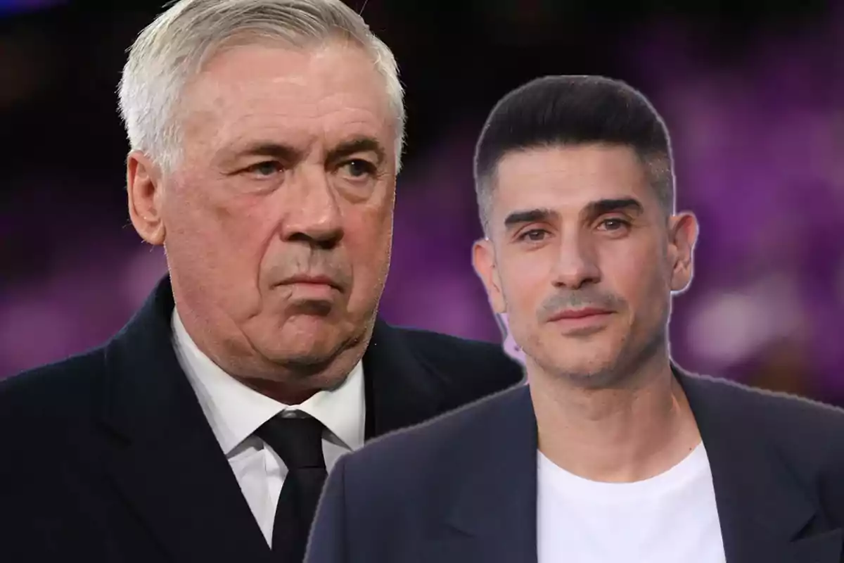 Two men pose together with serious expressions and a blurred background in purple tones.