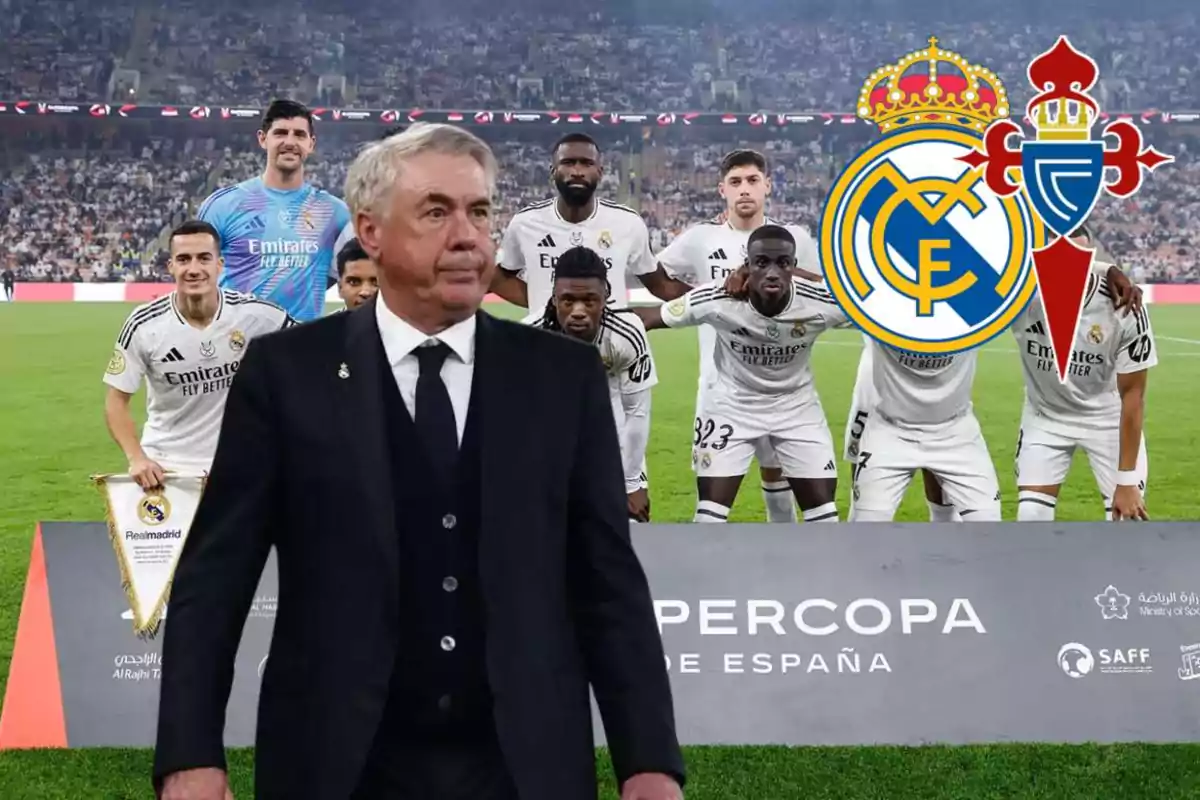 A soccer coach walks in front of a group of Real Madrid players posing in a packed stadium, with the Real Madrid and Celta de Vigo crests superimposed.