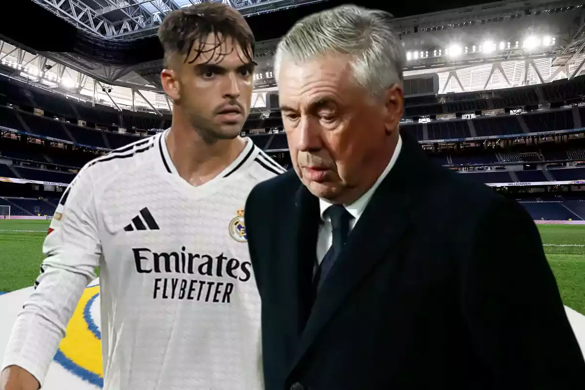 A player in a Real Madrid uniform and an older man in a suit in a lit stadium.