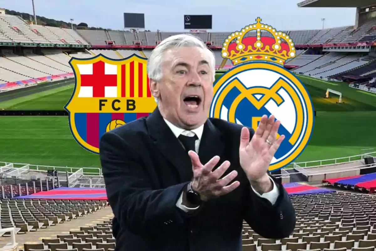 A soccer coach gestures in an empty stadium with the crests of FC Barcelona and Real Madrid in the background.