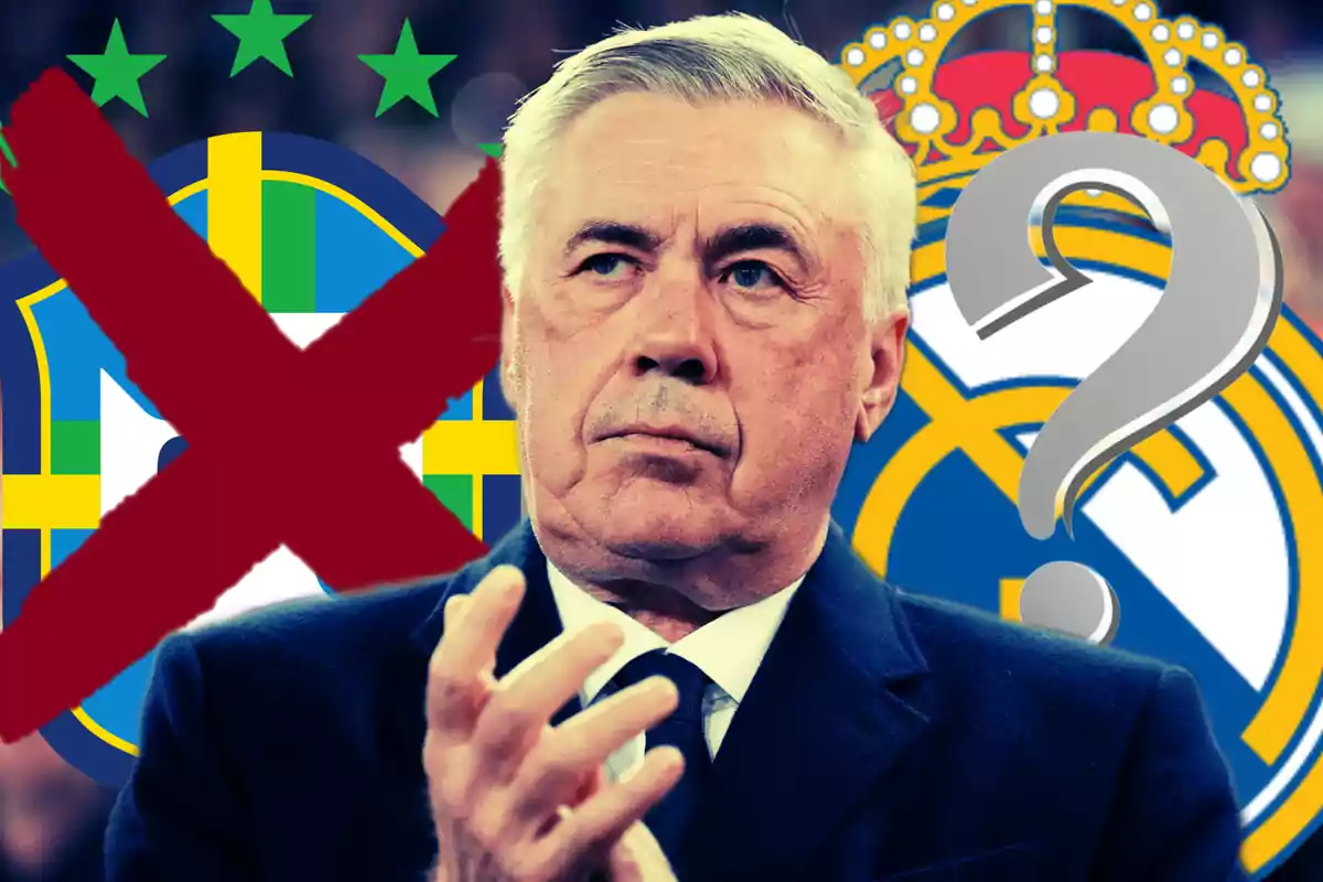 A man in a suit with a serious expression, behind him is a Brazilian shield with a big red X and a Real Madrid shield with a question mark.