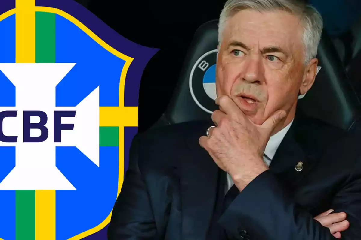 A thoughtful man with his hand on his chin next to the Brazilian Football Confederation shield.