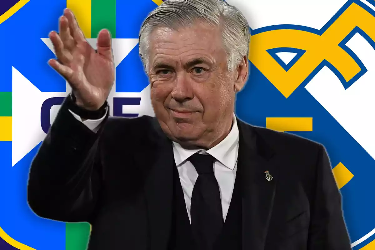 Un hombre de traje oscuro levanta la mano frente a un fondo con los logotipos de la CBF y el Real Madrid.