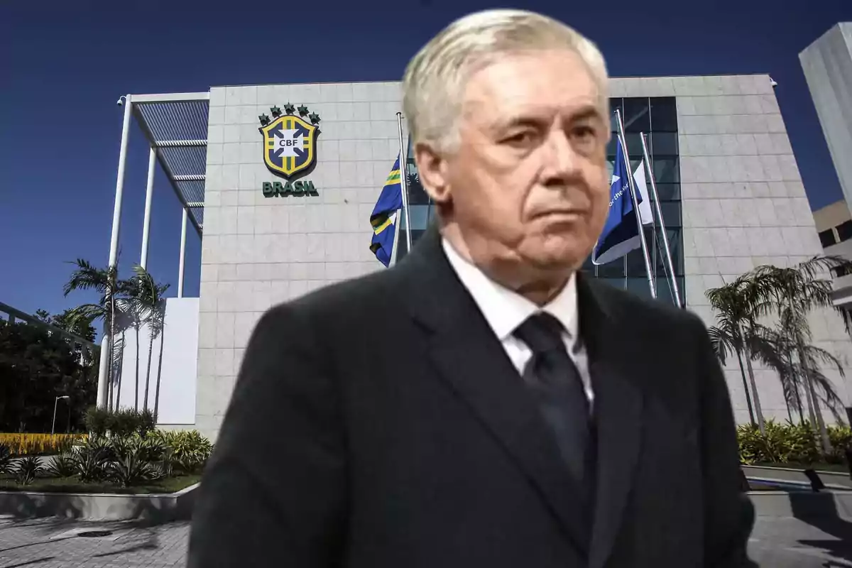 Un hombre de traje frente a un edificio con el logo de la Confederación Brasileña de Fútbol.