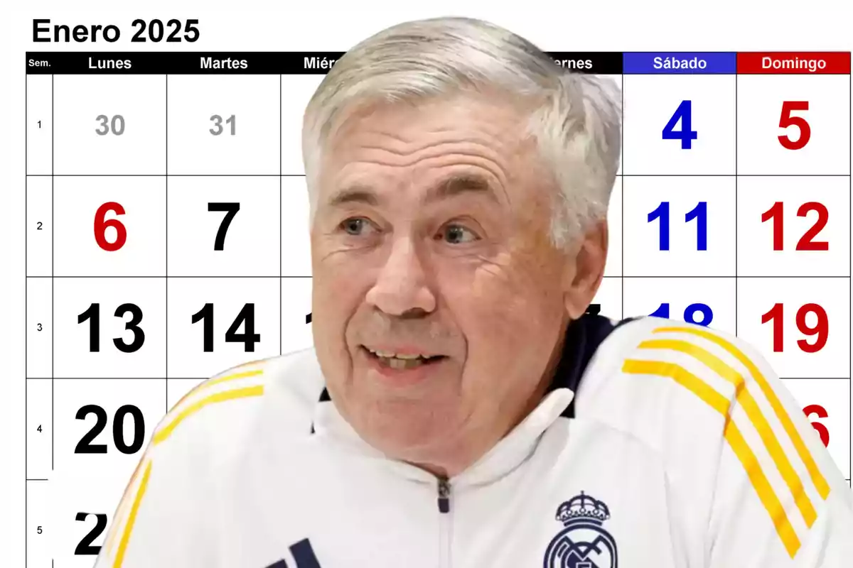 Un hombre con una chaqueta deportiva blanca y amarilla está frente a un calendario de enero de 2025.