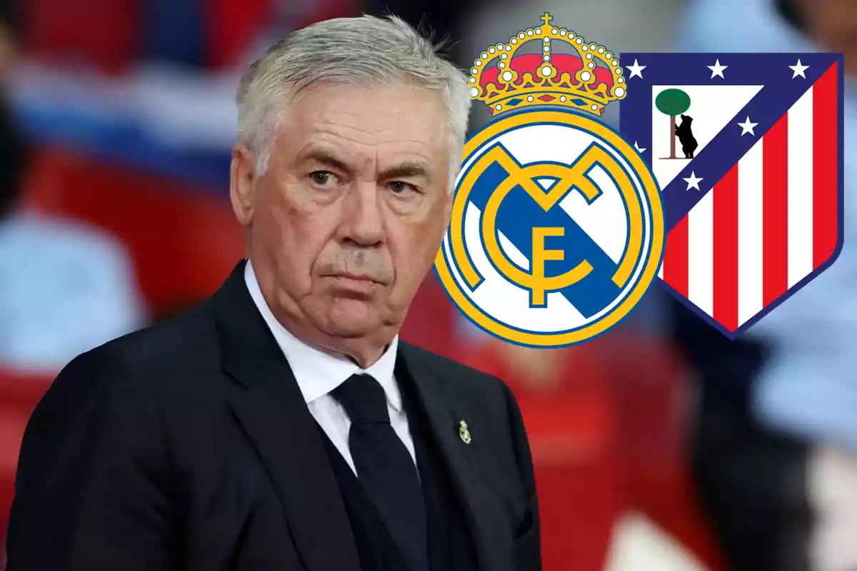 A man in a dark suit and tie, with the crests of Real Madrid and Atlético de Madrid superimposed.