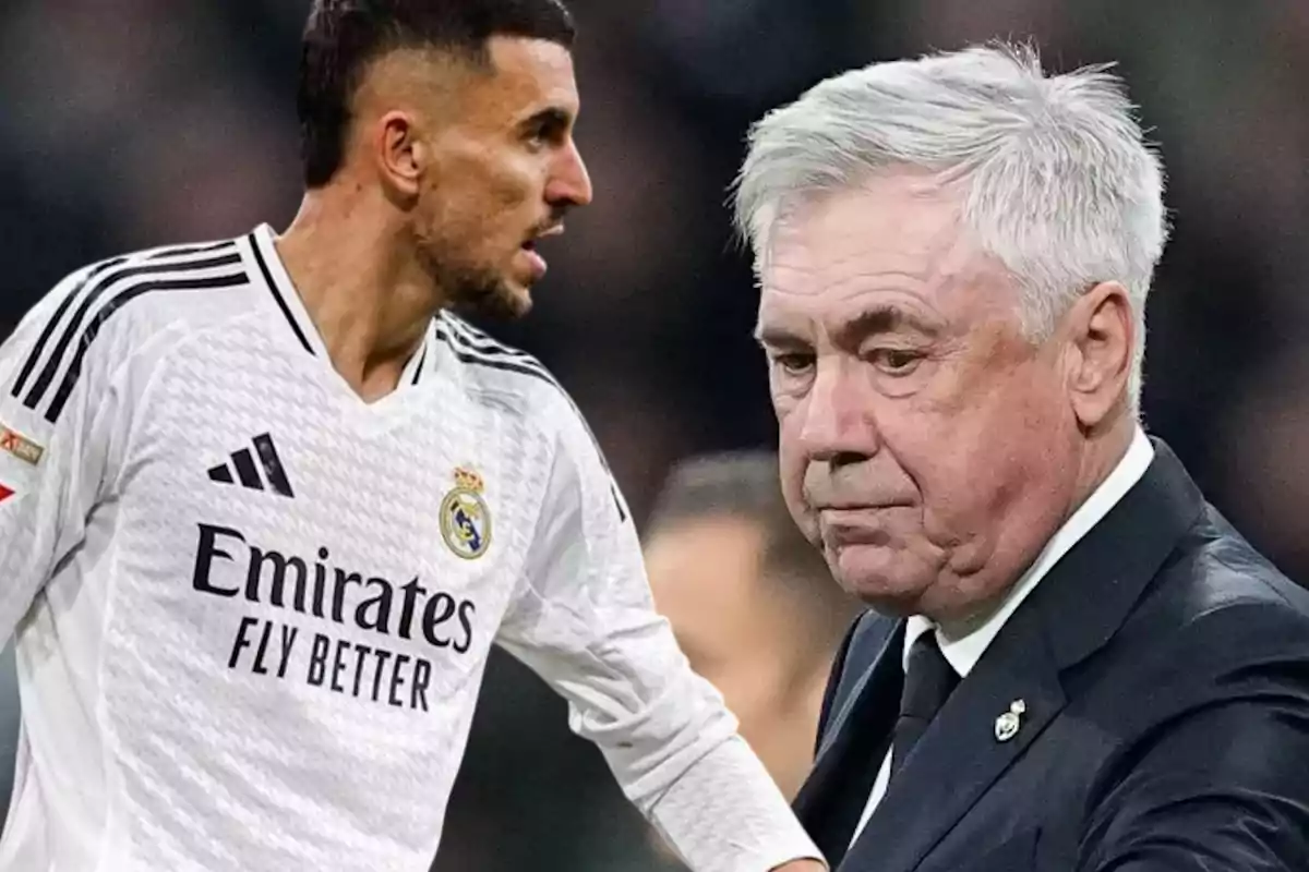 A soccer player in a Real Madrid uniform stands next to an older man in a dark suit.