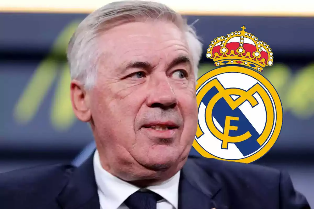 A gray-haired man in a dark suit and tie appears next to the Real Madrid crest.