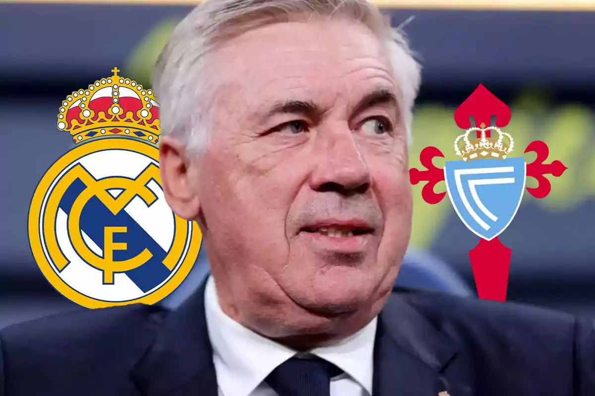 A gray-haired man with the logos of Real Madrid and Celta de Vigo by his side.