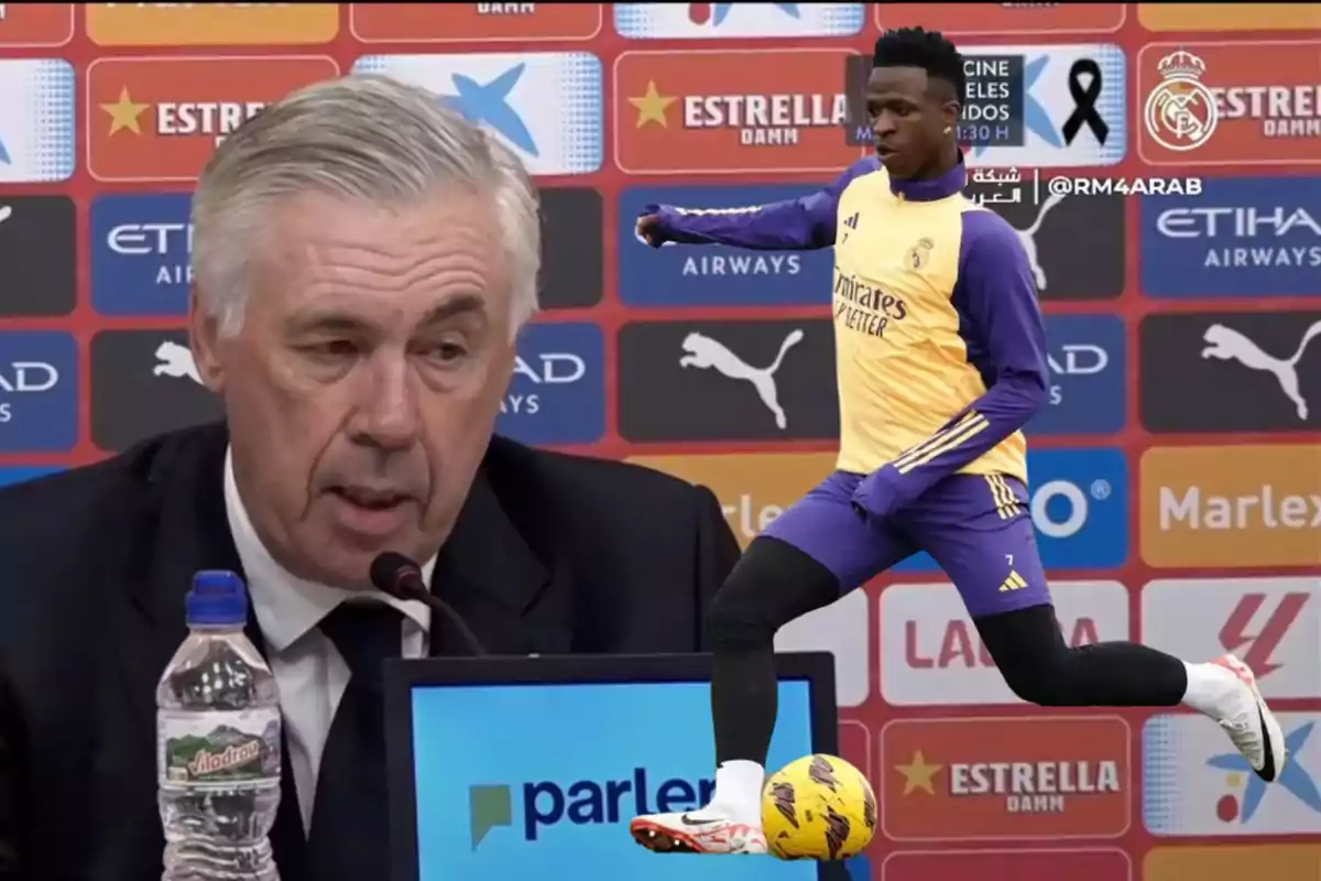 A man at a press conference with a soccer player superimposed in the background.