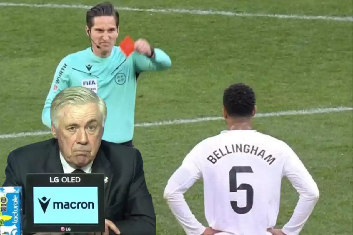 A referee shows a red card to a player on the field while a man with a serious expression watches from a screen.