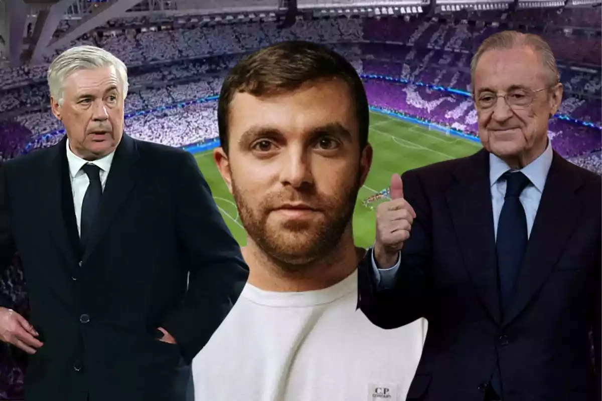 Three men in suits pose in front of a soccer stadium full of spectators.
