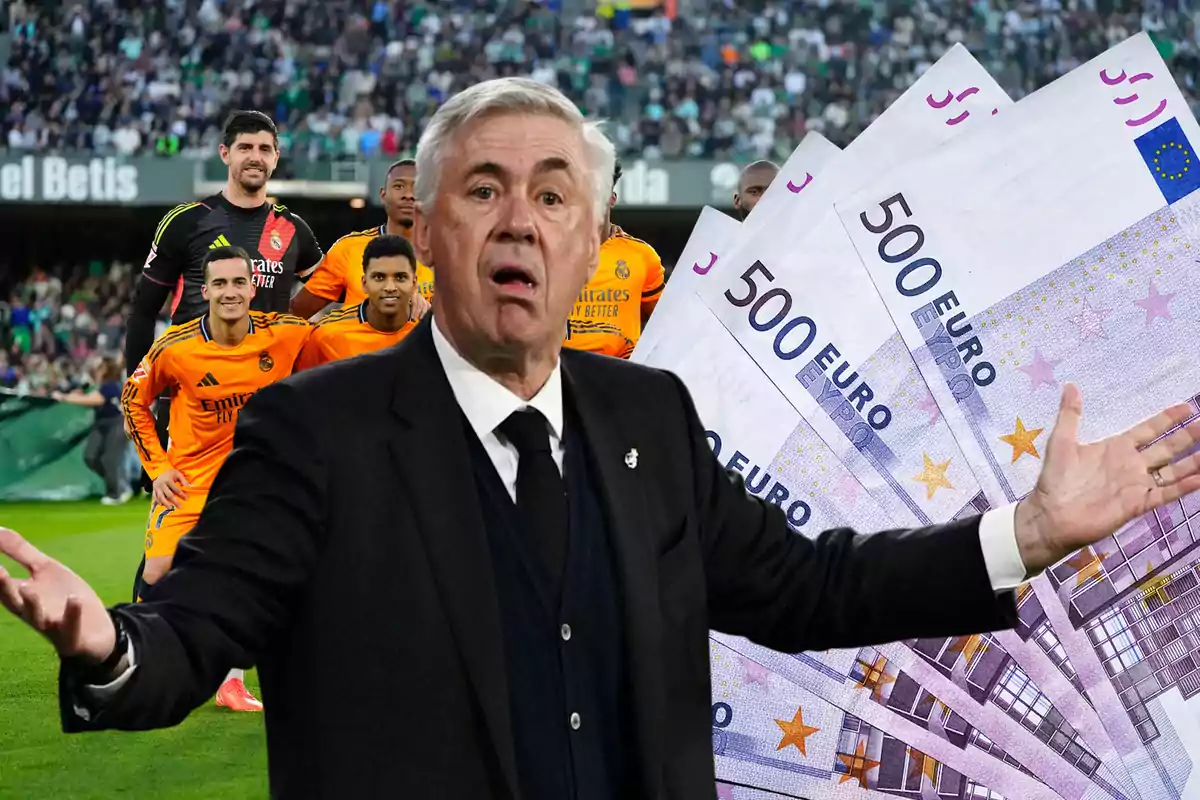 A soccer coach gestures in surprise while players from a team and 500-euro bills are seen in the background.