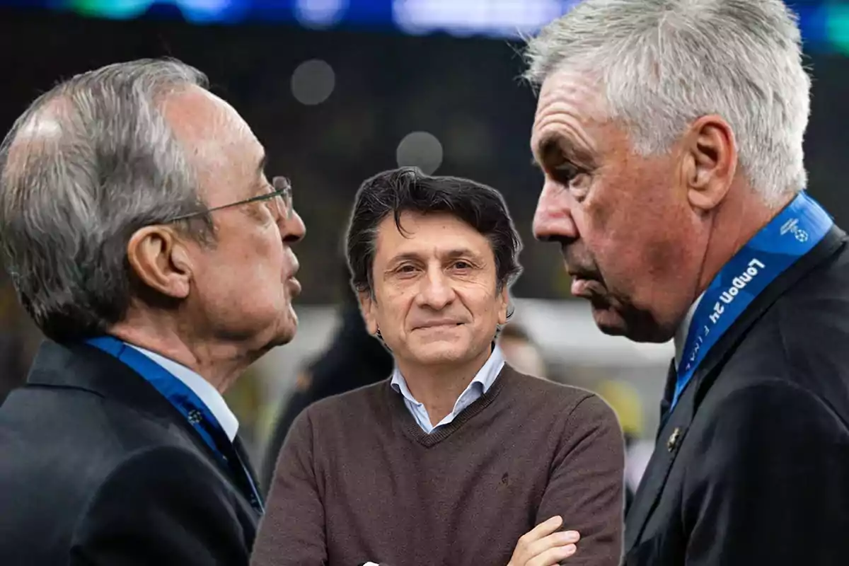Three men in a serious conversation, two of them in profile and one facing forward with arms crossed.