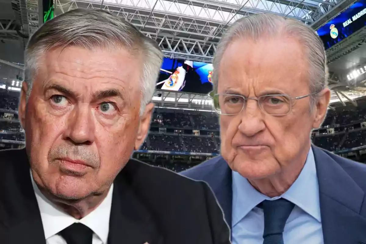 Two men with serious expressions in a soccer stadium.