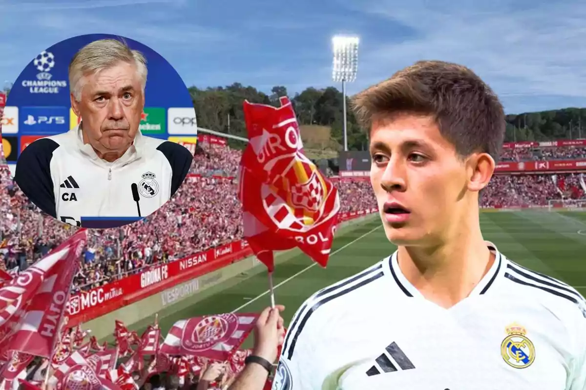 A soccer player wearing a Real Madrid jersey in a stadium full of fans with red flags and a coach at a press conference in a superimposed circle.