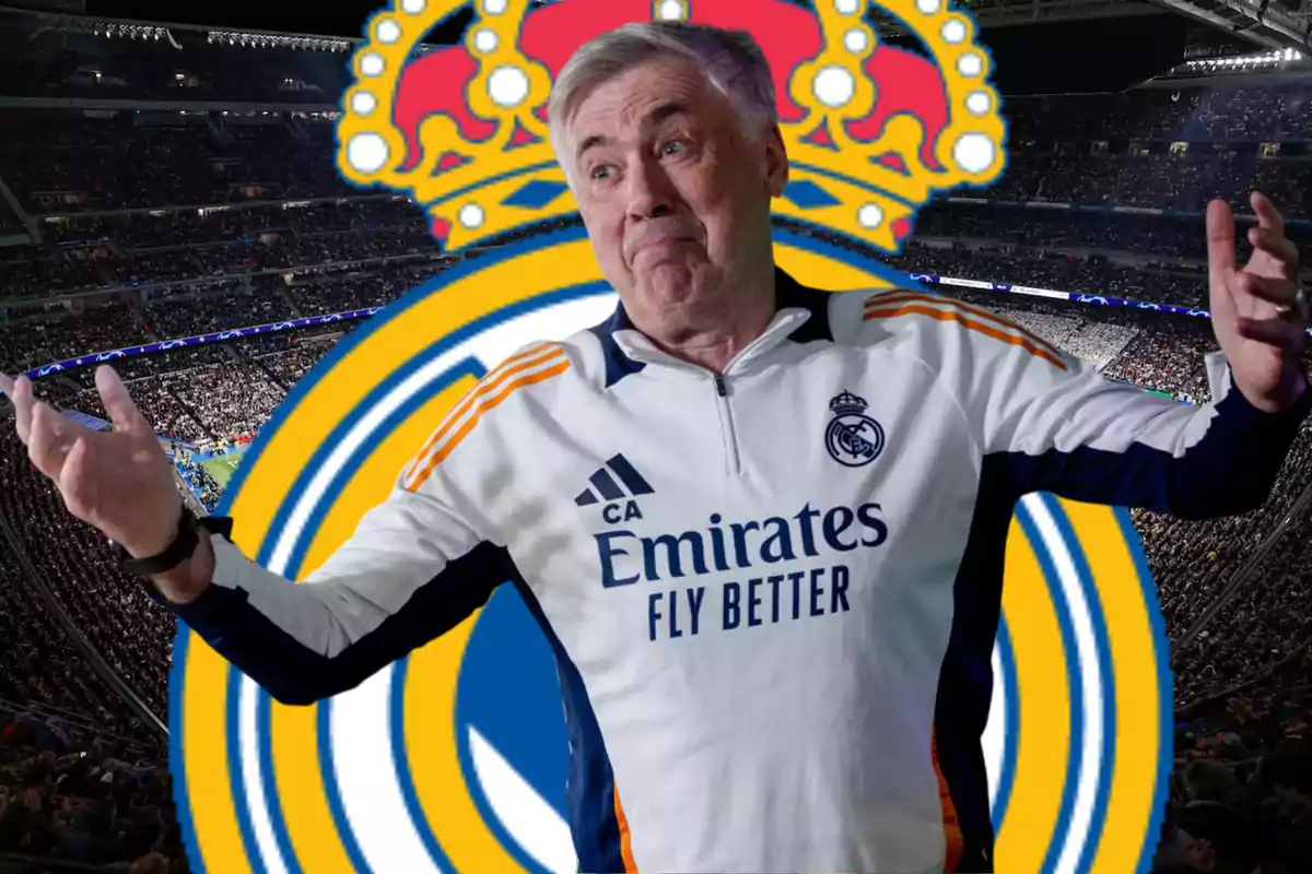 A man in a Real Madrid jacket gestures with open arms in front of a full stadium and the team's crest.
