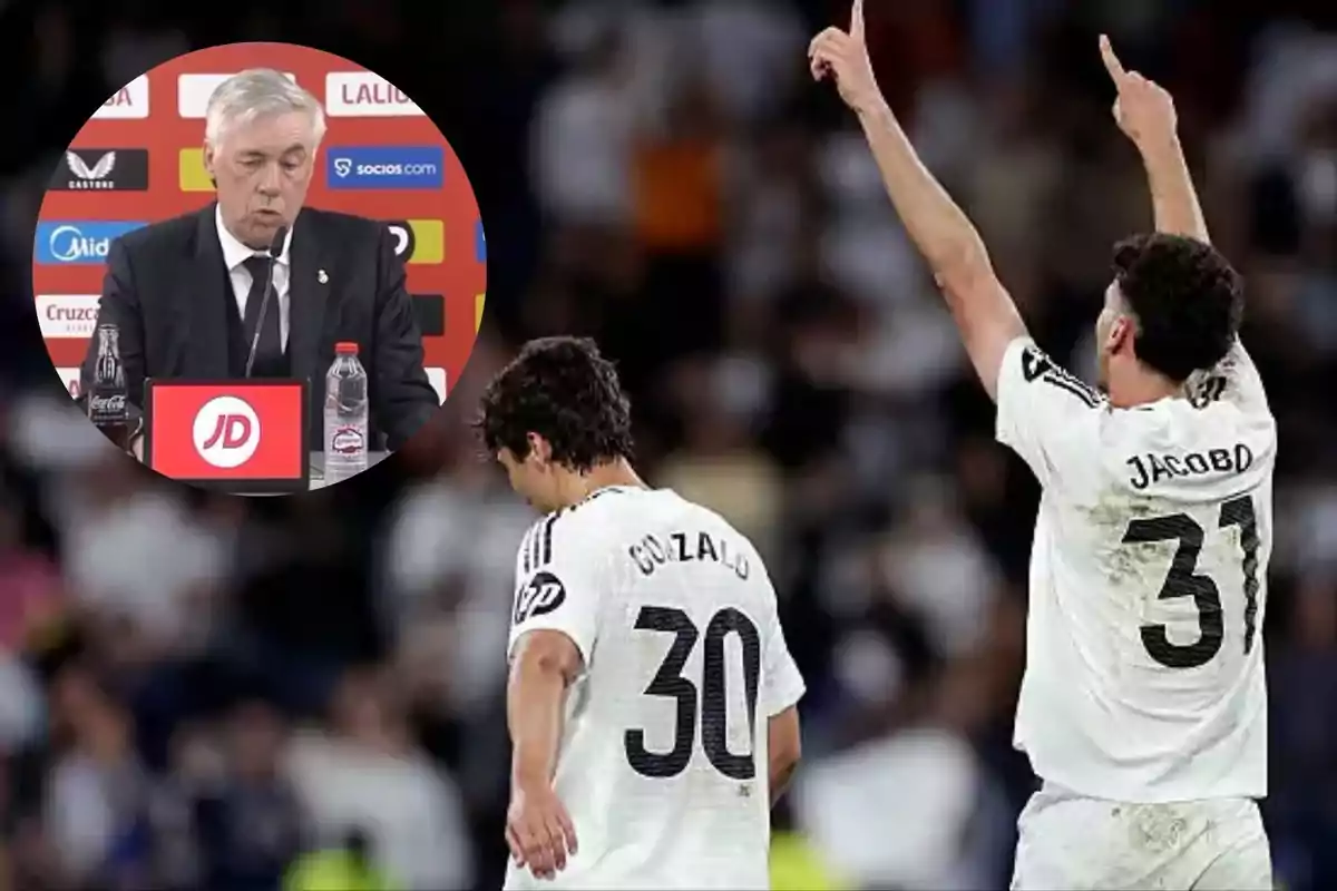 A soccer coach at a press conference and two players on the field, one with his head down and the other raising his arms.