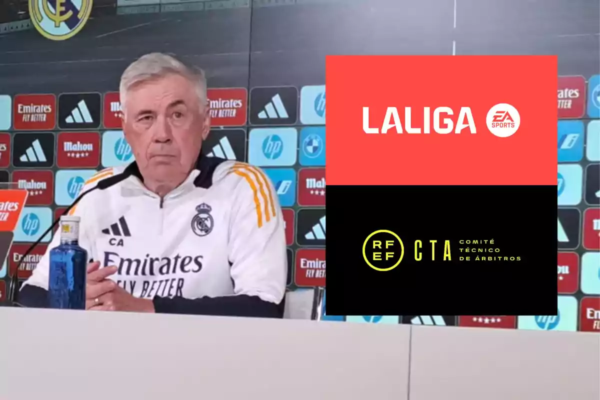 Un entrenador del Real Madrid en una rueda de prensa con logos de LaLiga y el Comité Técnico de Árbitros en el fondo.