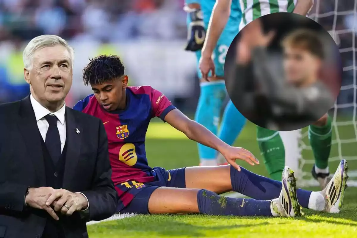 A soccer coach in a suit watches a Barcelona player sitting on the field during a match, while a blurred figure appears in a circle in the upper right corner.