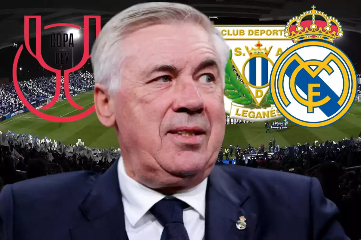 A man in a suit in front of a stadium full of spectators with the logos of the Copa del Rey, Club Deportivo Leganés, and Real Madrid superimposed.